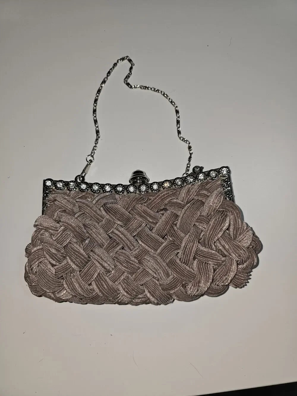 Pink Blush Woven Satin Rhinestone Evening Clutch Purse with 2 Chain Straps